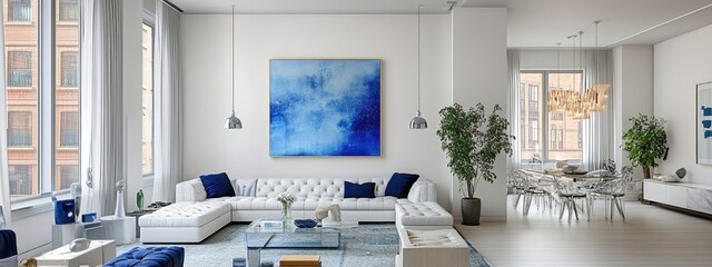 Modern living room interior, white walls, large windows, natural light, blue and white color scheme, abstract ocean painting, white tufted sofa, navy blue accent chairs, potted plants, wooden floor, m