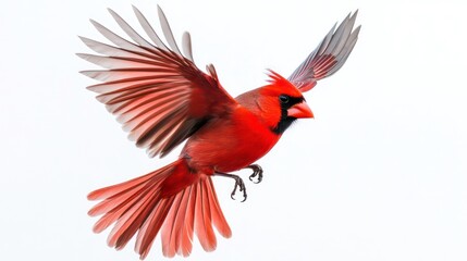 A vibrant red bird with black wings and a short black beak, isolated on a white background. This image symbolizes freedom, beauty, nature, and wildlife