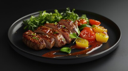 Sliced Grilled Steak with Roasted Cherry Tomatoes and Fresh Greens on a Black Plate: Gourmet Dinner. generative ai