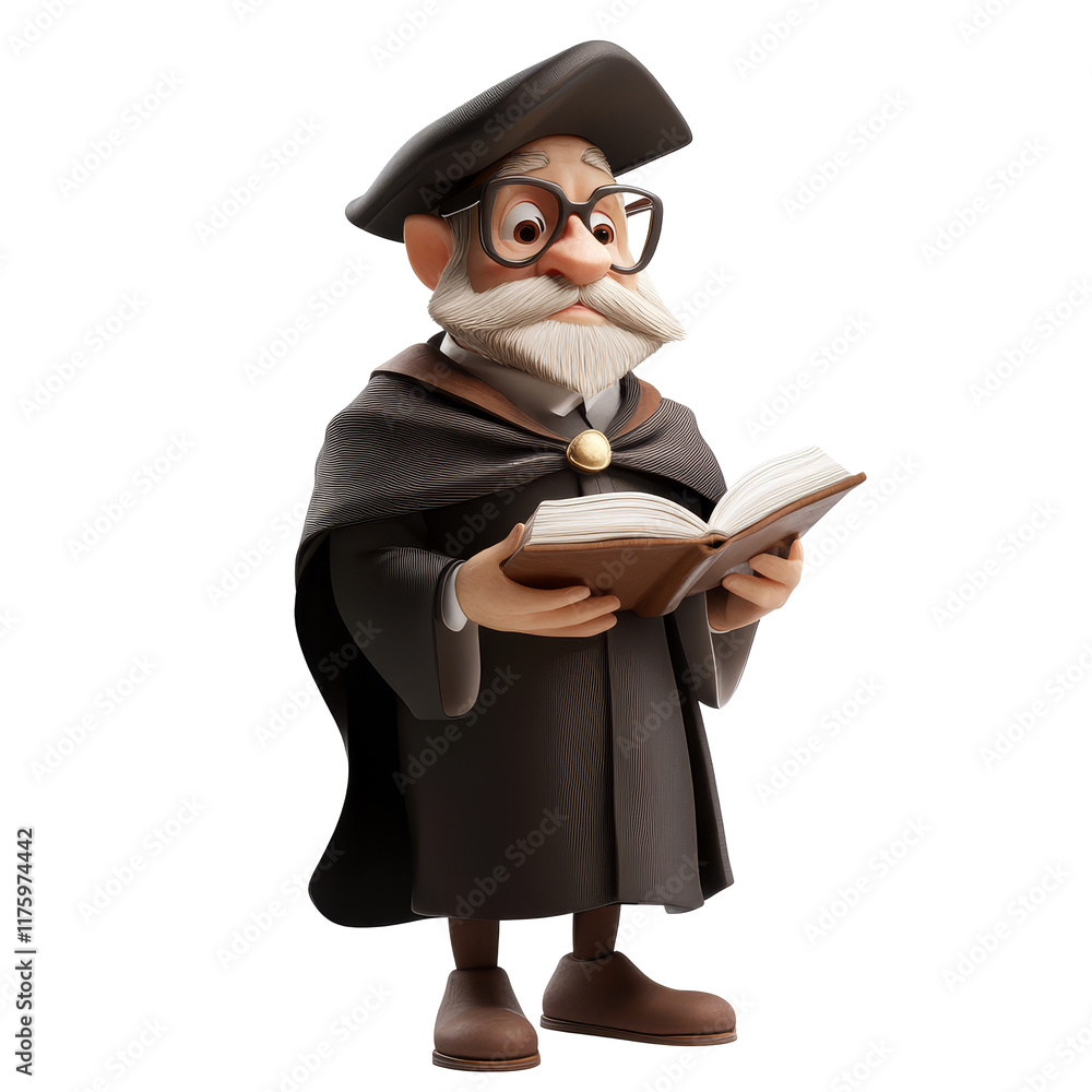 Poster a scholarly character reading a book on a transparent background with a transparent tint, 3d scholar