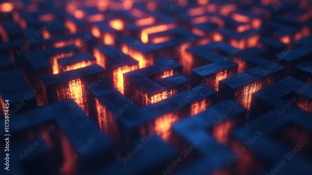 Poster abstract digital maze: glowing cubes in a dark labyrinthine network. generative ai