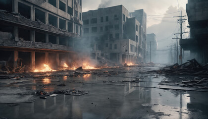 Desolate urban landscape shows destruction with fires burning and debris scattered after a catastrophic event