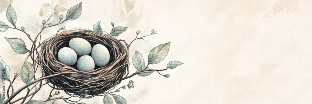 Poster Ethereal hand drawn doodle of a nest with blue eggs resting on a delicate branch surrounded by soft leaves. Generative AI