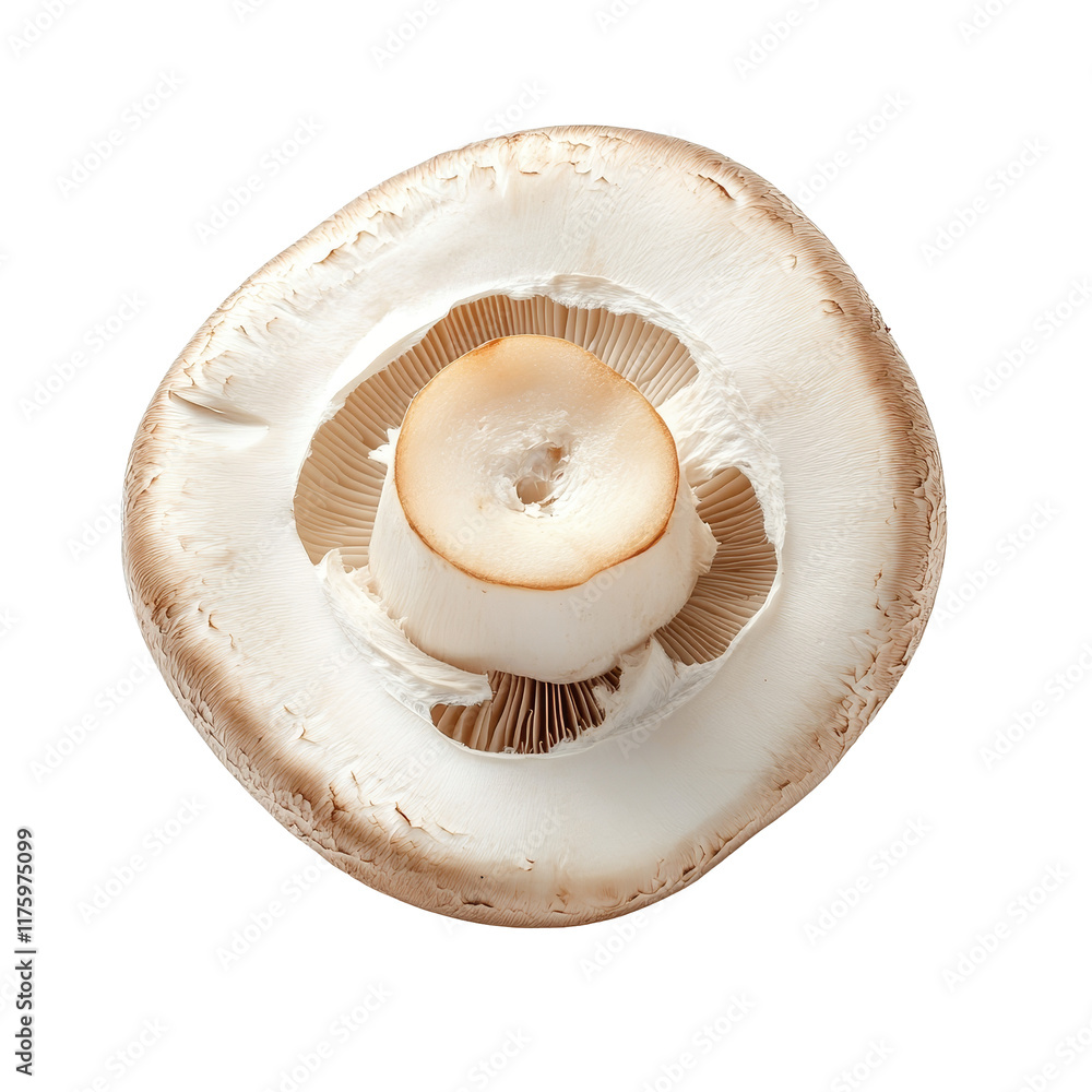 Poster freshly sliced champignon mushroom isolated on a clean transparent background for culinary use and p