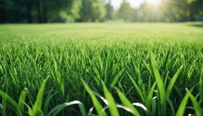 Obraz premium Vibrant green grass illuminated by sunlight in a serene outdoor setting during late afternoon