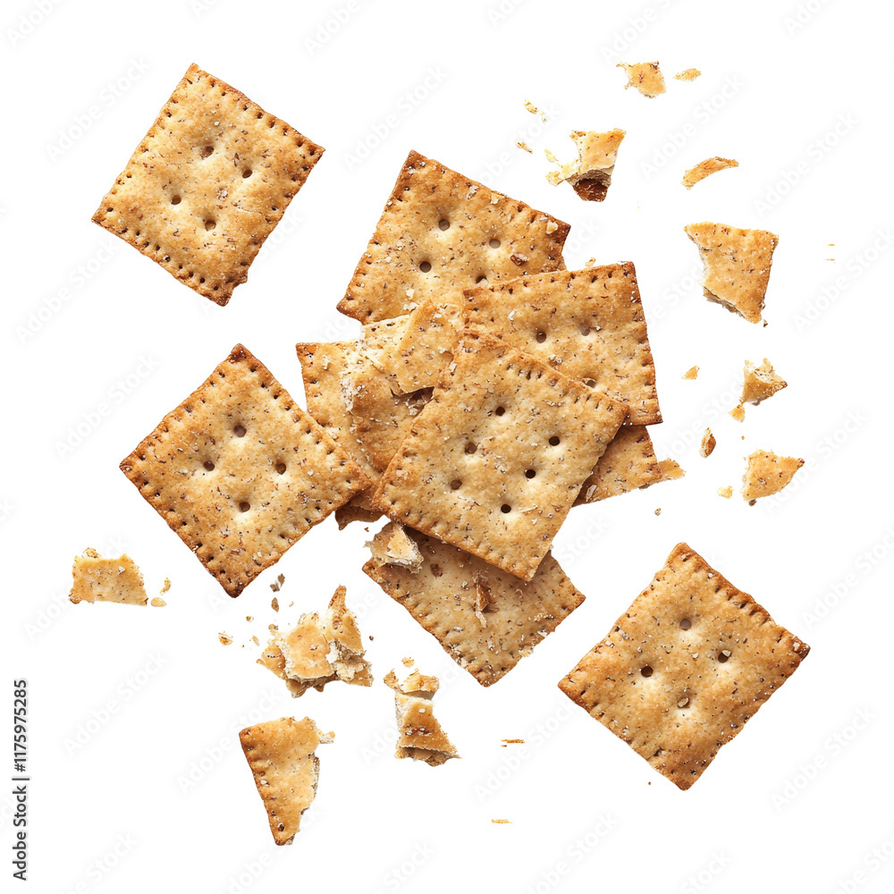 Poster whole wheat crackers scattered and broken on a clean, transparent background highlighting their crun