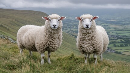 Obraz premium Two Fluffy Sheep on a Hillside Pasture