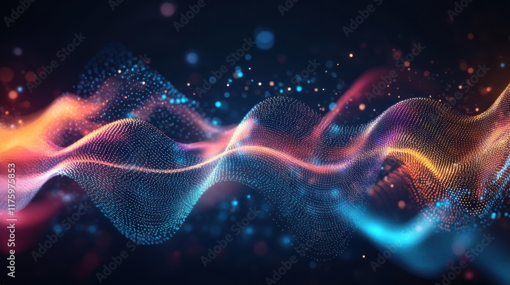 Poster vibrant abstract waves of light with dots and particles in multicolored design, ideal for background