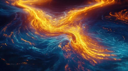 Abstract swirling patterns of luminous orange and blue hues creating a mesmerizing flow resembling molten lava and flowing water under cosmic ambiance