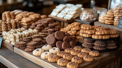 Fototapeta premium Assorted Delicious Baked Goods Displayed On Wooden Table