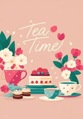 Delightful tea time scene with flowers, cake, and colorful teacups