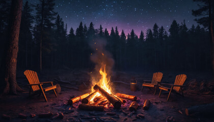 Gathering around a cozy campfire under a starry sky in a secluded forest at night