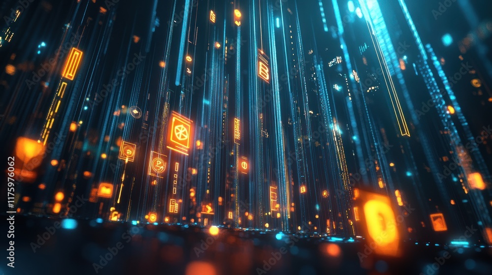 Poster abstract digital data flow with glowing neon icons and symbols representing technology, cyber securi
