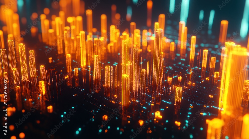 Poster abstract futuristic digital landscape with glowing neon orange and blue structures representing data