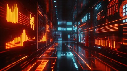 Futuristic Data Center Corridor with Glowing Graphs and Displays, Showcasing Advanced Technology and Digital Infrastructure in Neon Orange and Blue Tones