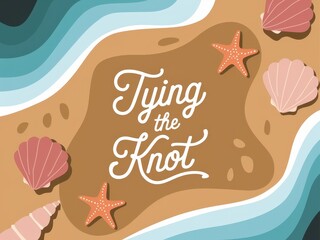 Tying the knot with seashells and starfish on a sandy beach background