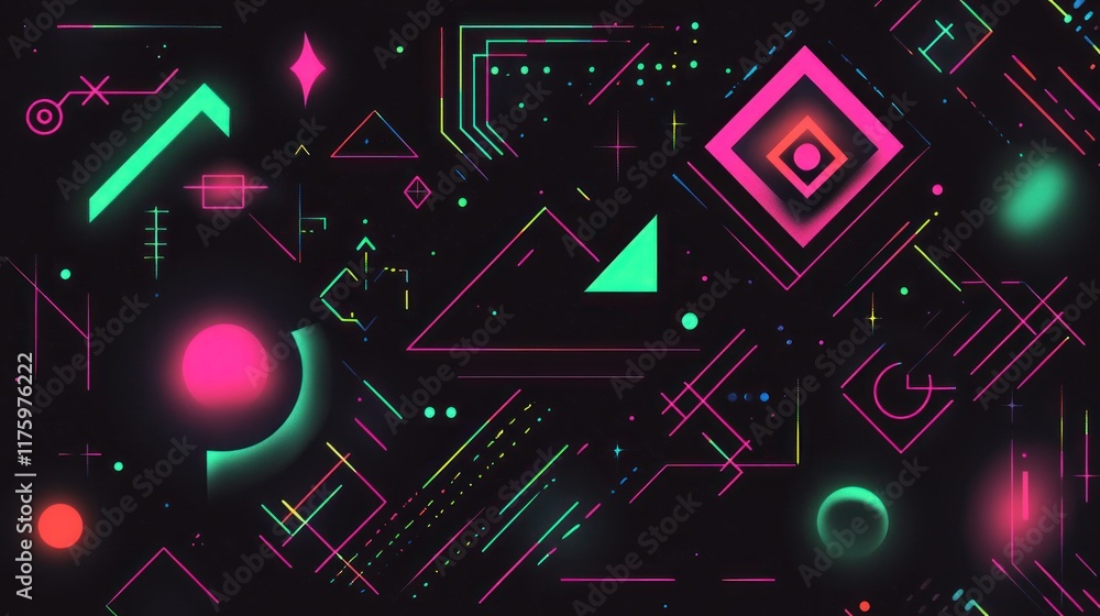 Poster vibrant neon geometric background with bright colors and intricate patterns for creative and artisti