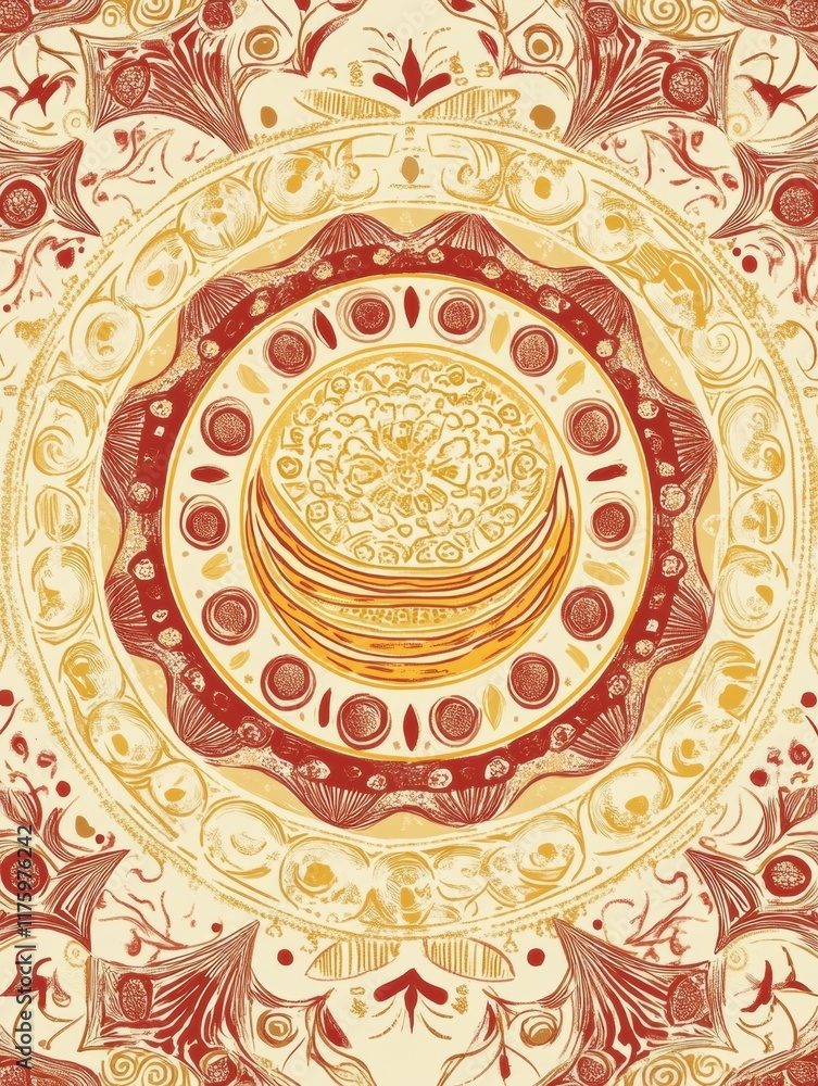 Poster Bright and intricate hand drawn doodle featuring circular patterns and floral motifs in warm colors created during a summer afternoon. Generative AI