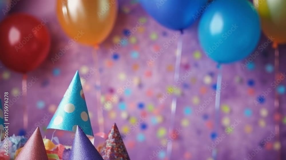 Poster Vibrant party hats sit on a table adorned with confetti, balloons float in the background against a purple backdrop, creating a festive atmosphere perfect for any celebration