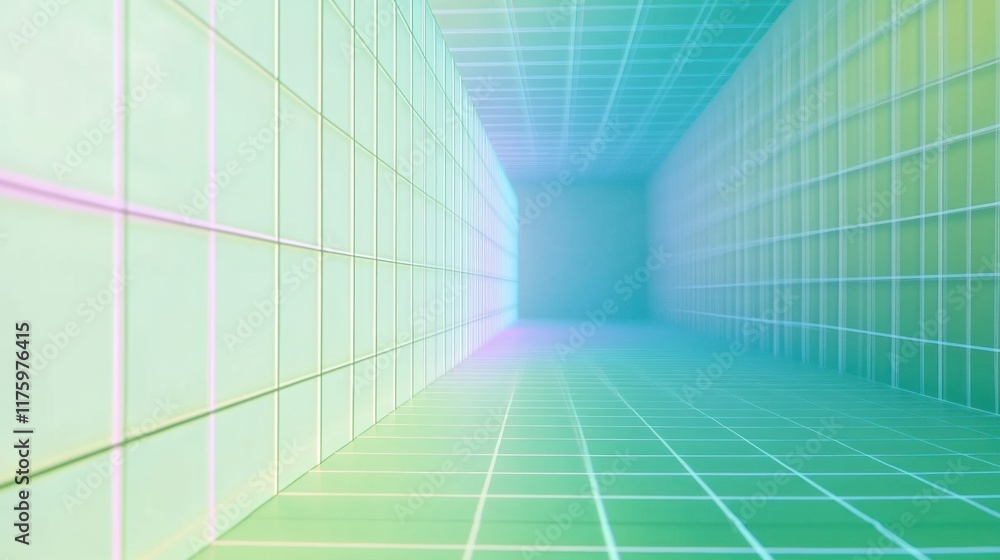 Poster futuristic 3d visualization of a vibrant grid tunnel with soft neon colors illuminating the smooth s