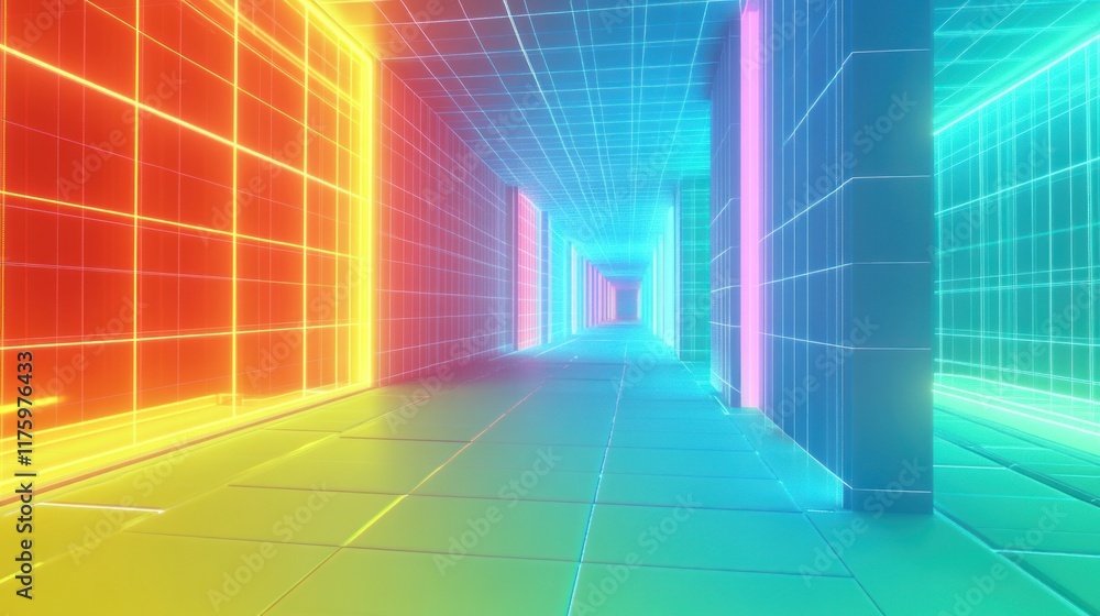 Poster vibrant neon corridor with glowing walls and grids in a futuristic space, creating a mesmerizing vis