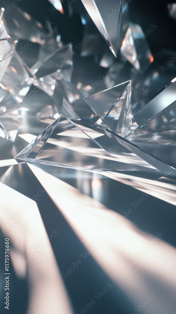 Poster abstract light reflections from crystal fragments creating a shimmering visual display with intricat