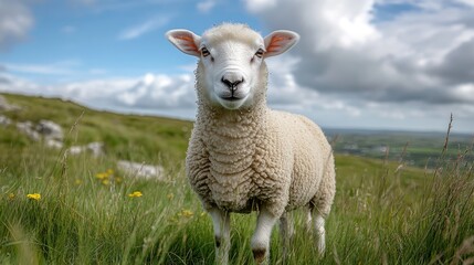 Obraz premium A Fluffy White Sheep Grazes In Green Pasture