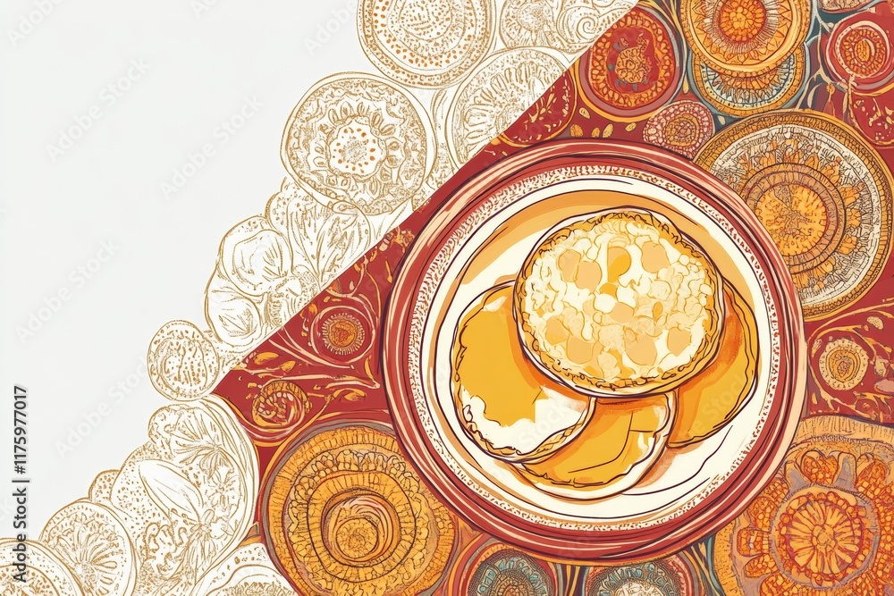 Poster hand drawn doodle featuring a plate of pancakes surrounded by intricate decorative patterns in warm 