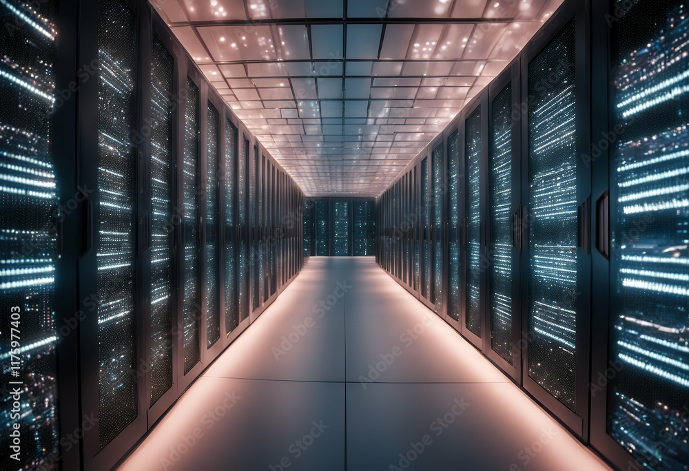Poster lights futuristic center servers data blinking rows endless