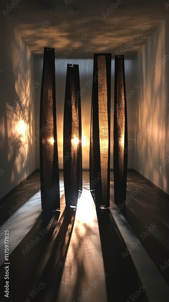 Poster elegant modern installation of vertical panels creating soft light and shadow effects in a minimalis