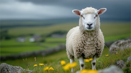 Naklejka premium A Single Sheep Stands in a Green Pastoral Field