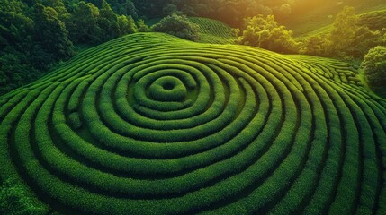 Aerial view of lush, circular tea plantations in a vibrant green landscape.
