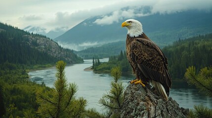 Fototapeta premium Majestic Bald Eagle Perched High Above a Serene River Valley
