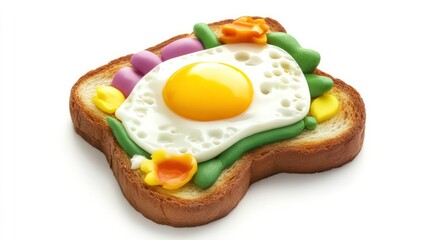 A whimsical toast with a fried egg and cheese, showcasing colorful and playful food art for creative culinary presentations. isolated on white background.