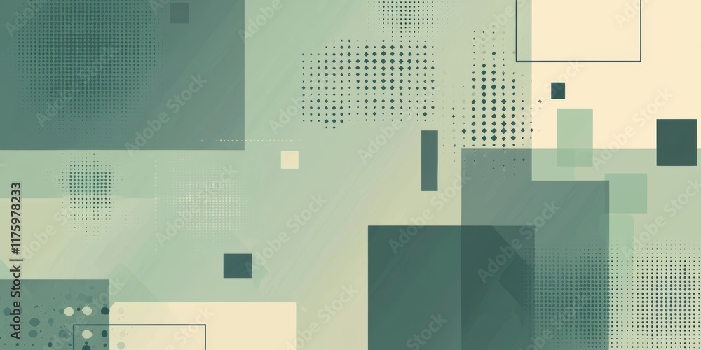 Poster abstract geometric design with muted green and beige tones overlapping squares and halftone patterns