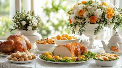 Stylish white decor and delectable cuisine for a casual easter dinner celebration