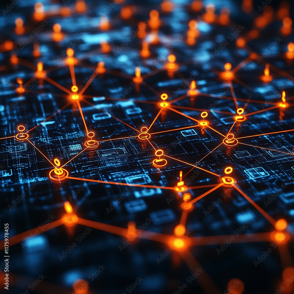 Poster digital user symbols network connections represented by glowing lines on a dark blue abstract backgr