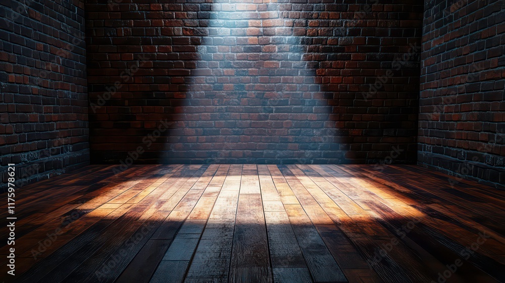 Poster a wooden floor illuminated by a single spotlight in an empty room with brick walls, creating a drama