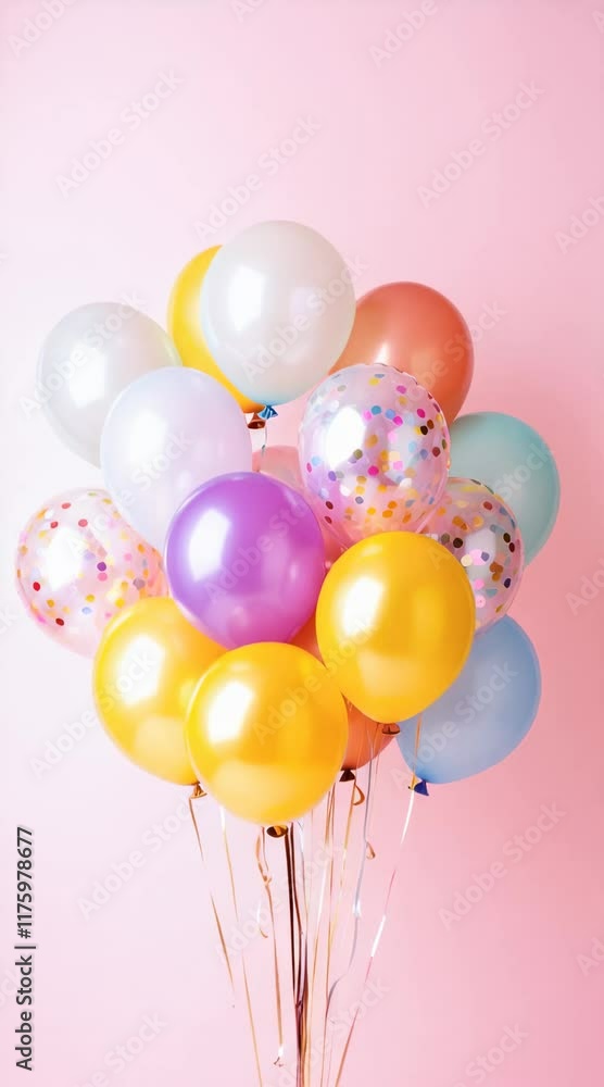 Poster Bunch of colorful balloons with confetti floating against a solid pink background, creating a festive atmosphere perfect for birthday party celebrations and joyful occasions