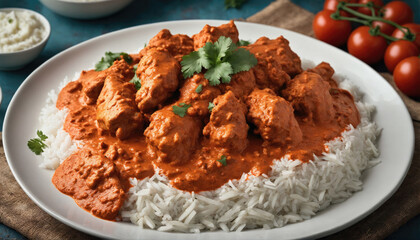 Savory chicken curry served over fluffy rice with fresh herbs and cherry tomatoes in a cozy kitchen setting
