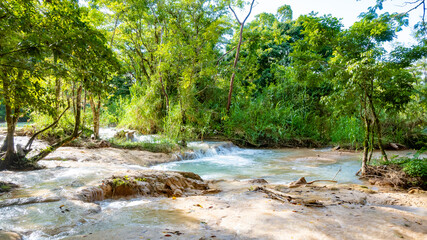 Landsape of Agua Azul with waterfalls in the Tropical forest of Palenque in Mexico.  
