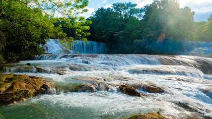 Landsape of Agua Azul with waterfalls in the Tropical forest of Palenque in Mexico.  
