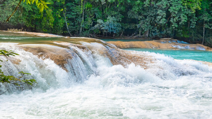 Landsape of Agua Azul with waterfalls in the Tropical forest of Palenque in Mexico.  