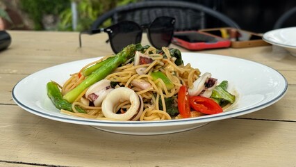Seafood spagetti on the table