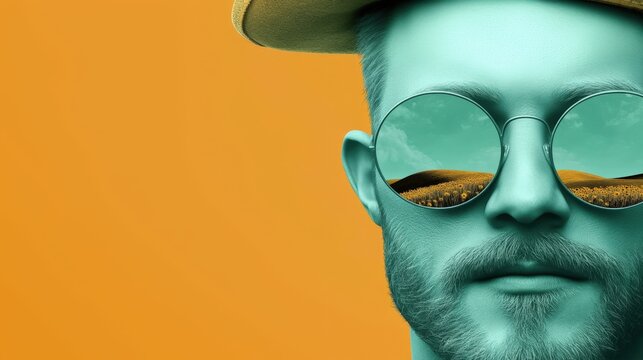 A digitally stylized portrait of a Caucasian man wearing round sunglasses and a hat, set against a vibrant orange background. The artistic design features a surreal green skin tone, AI - Powered by Adobe