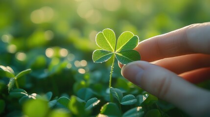 A hand gently holds a four leaf clover plant
