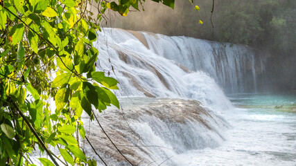 Landsape of Agua Azul with waterfalls in the Tropical forest of Palenque in Mexico.  
