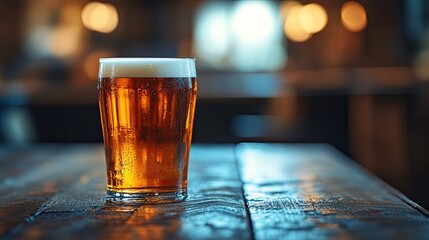 A Cold Glass Of Beer Sits On A Wooden Table