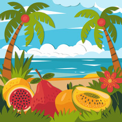 Fototapeta premium Tropical Beach Scene with Palm Trees and Exotic Fruits