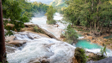 Landsape of Agua Azul with waterfalls in the Tropical forest of Palenque in Mexico.  